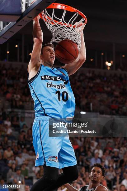 Tom Abercrombie of the Breakers dunks the ball during the round 18 NBL match between Melbourne United and the New Zealand Breakers at Hisense Arena...