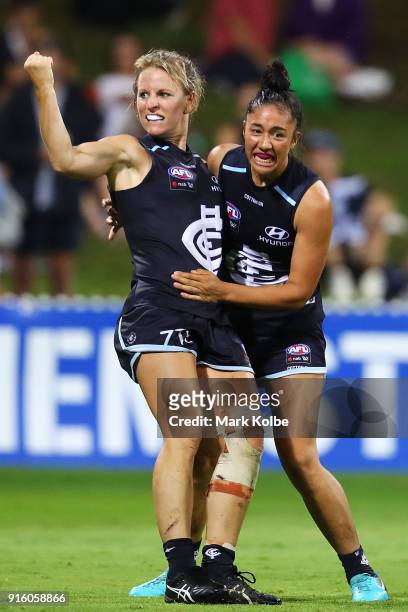 Katie Loynes of the Blues celebrates with Darcy Vescio of the Blues after scoring a goal during the round 20 AFLW match between the Greater Western...