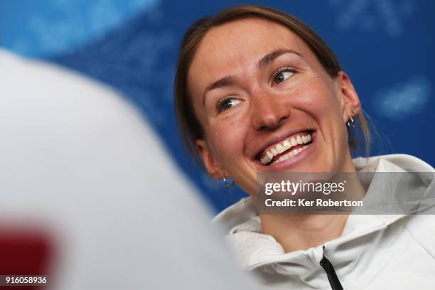 United States Cross Country athlete Sophie Caldwell attends a press conference at the Main Press Centre during previews ahead of the PyeongChang 2018...