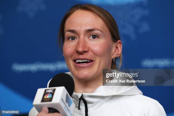 United States Cross Country athlete Sophie Caldwell attends a press conference at the Main Press Centre during previews ahead of the PyeongChang 2018...