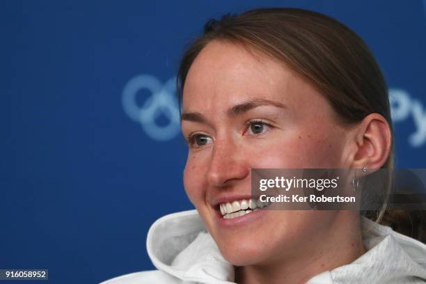 United States Cross Country athlete Sophie Caldwell attends a press conference at the Main Press Centre during previews ahead of the PyeongChang 2018...