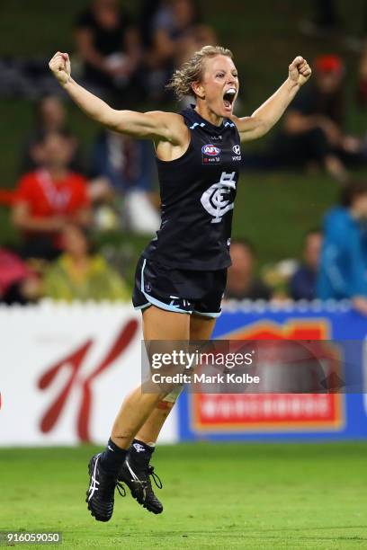 Katie Loynes of the Blues celebrates scoring a goal during the round 20 AFLW match between the Greater Western Sydney Giants and the Carlton Blues at...