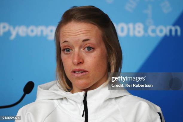 United States Cross Country athlete Liz Stephens attends a press conference at the Main Press Centre during previews ahead of the PyeongChang 2018...