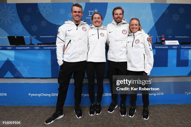 United States Cross Country athletes Simeon Hamilton, Sophie Caldwell, Andrew Newell and Liz Stephens attend a press conference at the Main Press...