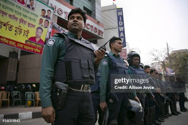 Police stand outside BNP headquarters on February 9, 2018 in Dhaka, Bangladesh. Bangladesh former Prime Minister Khaleda Zia was sentenced on...