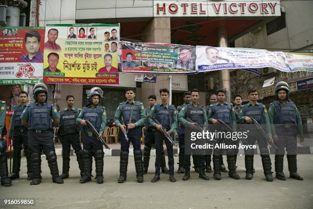 Police stand outside BNP headquarters on February 9, 2018 in Dhaka, Bangladesh. Bangladesh former Prime Minister Khaleda Zia was sentenced on...