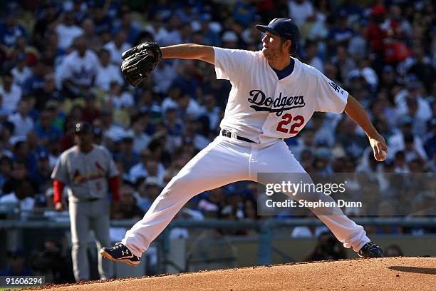 Pitcher Clayton Kershaw of the Los Angeles Dodgers pitches in the first inning against the St. Louis Cardinals in Game Two of the NLDS during the...