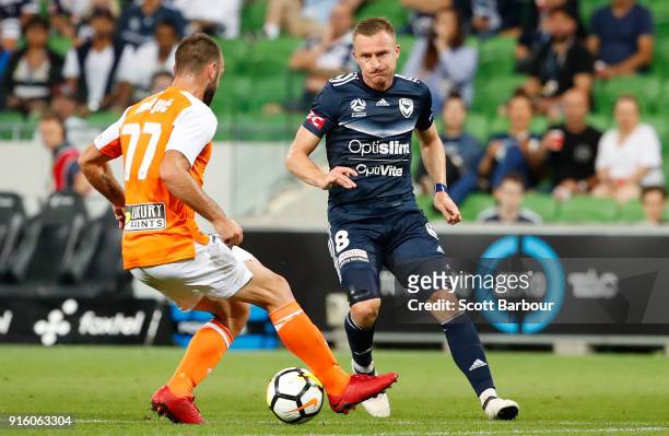 Besart Berisha of the Victory competes for the ball during the round 20 A-League match between the Melbourne Victory and the Brisbane Roar at AAMI...