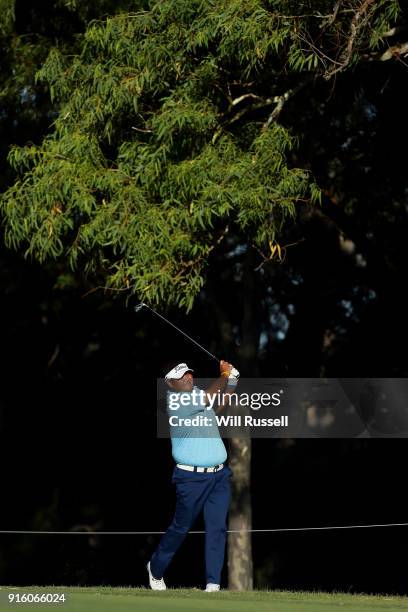 Prom Meesawat of Thailand plays his second shot on the 18th hole during day two of the World Super 6 at Lake Karrinyup Country Club on February 9,...