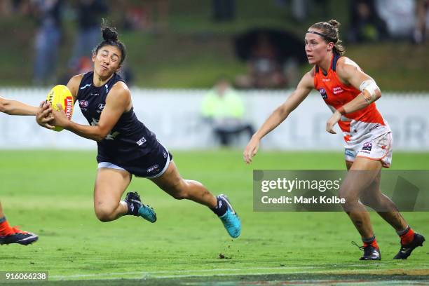 Darcy Vescio of the Blues takes a mark during the round 20 AFLW match between the Greater Western Sydney Giants and the Carlton Blues at Drummoyne...