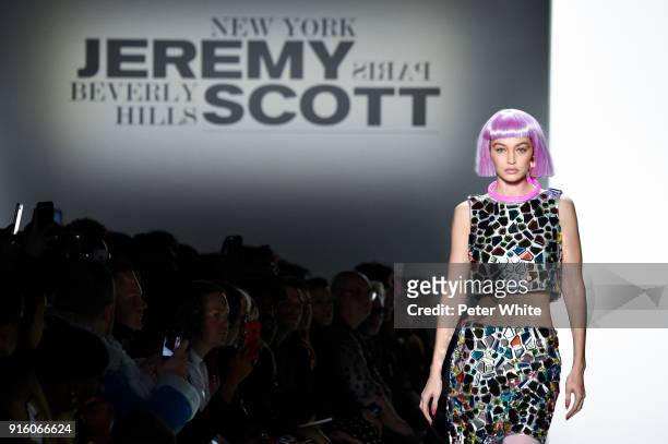 Gigi Hadid walks the runway at Jeremy Scott Show Fall 2018 during New York Fashion Week: The Shows at Gallery I at Spring Studios on February 8, 2018...