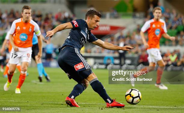 Kosta Barbarouses of the Victory controls the ball during the round 20 A-League match between the Melbourne Victory and the Brisbane Roar at AAMI...