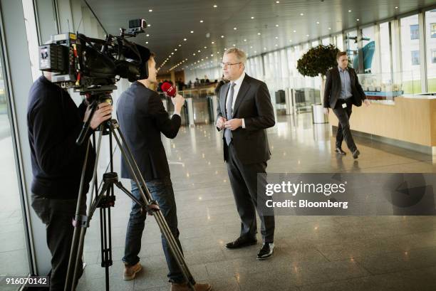 Soren Skou, chief executive officer of A.P. Moeller-Maersk A/S, speaks with members of the media following a Bloomberg Television interview in...