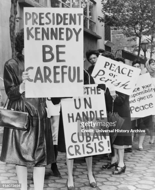 Group of Women from Women Strike for Peace Holding Signs relating to Cuban Missile Crisis and Peace, New York City, New York, USA, 1962.