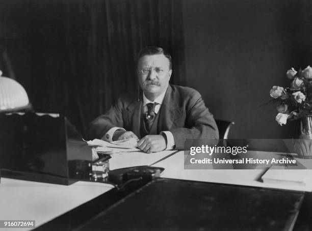 Theodore Roosevelt, Portrait Seated at Desk, Washington DC, USA, by Barnett McFee Clinedinst, 1907.