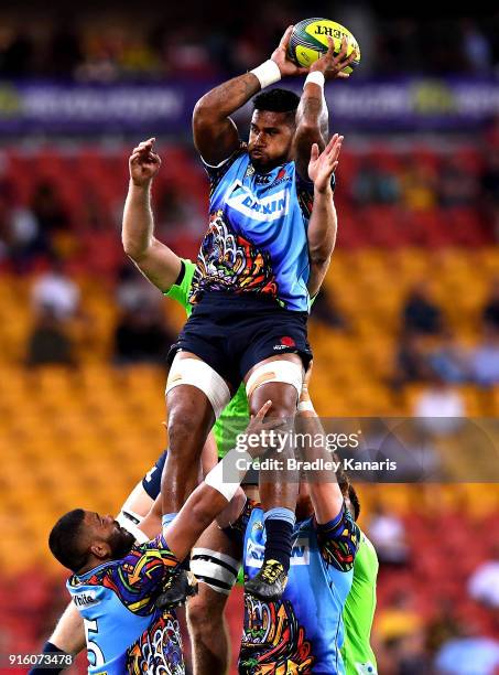 Kelly Meafua of the Waratahs competes at the lineout during the 2018 Global Tens match between the New South Wales Waratahs and the Highlanders at...