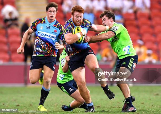 Harry Johnson-Holmes of the Waratahs takes on the defence during the 2018 Global Tens match between the New South Wales Waratahs and the Highlanders...