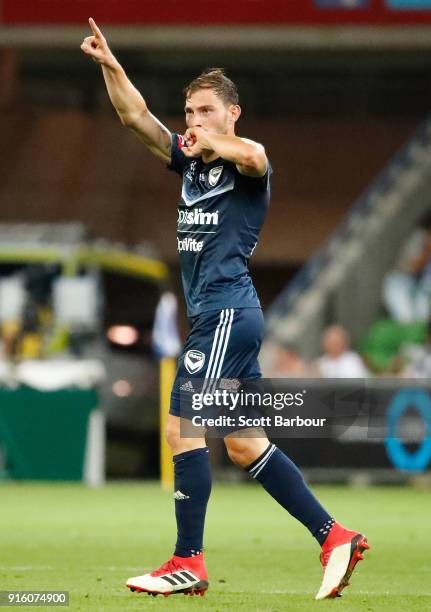 James Troisi of the Victory celebrates after scoring the Victorys first goal during the round 20 A-League match between the Melbourne Victory and the...