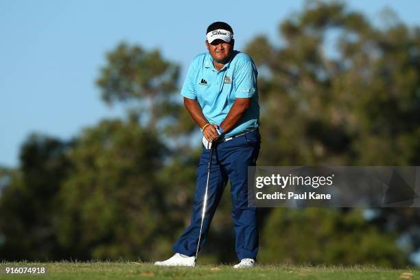 Prom Meesawat of Thailand looks on after playing his second shot on the 18th hole during day two of the World Super 6 at Lake Karrinyup Country Club...