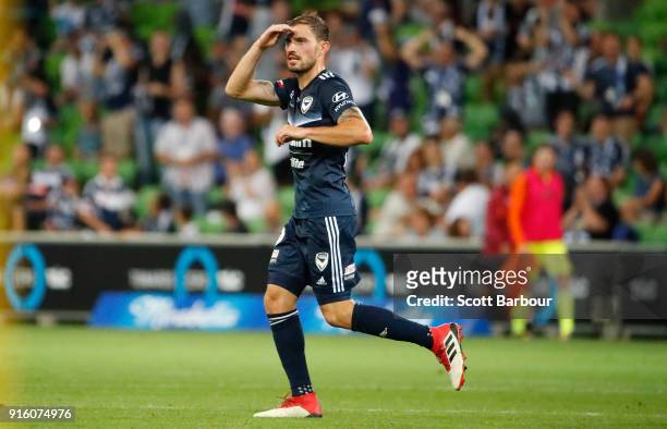 James Troisi of the Victory celebrates after scoring the Victorys first goal during the round 20 A-League match between the Melbourne Victory and the...