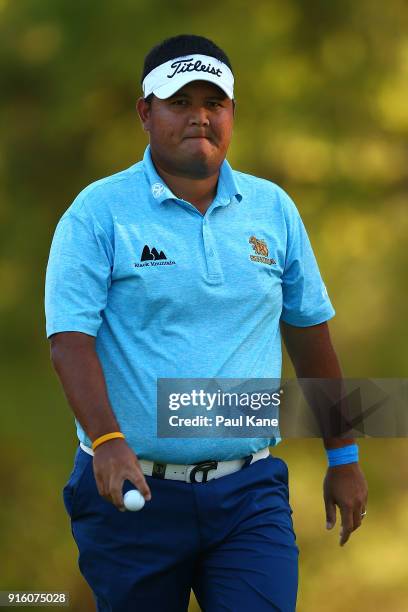 Prom Meesawat of Thailand walks from the 16th green during day two of the World Super 6 at Lake Karrinyup Country Club on February 9, 2018 in Perth,...