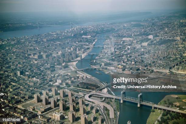 High Angle View of Queens, Bronx and Manhattan, East River and Hudson River, New York City, New York, USA, August 1959.