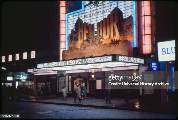 Empire Theater at Night, Ben-Hur on Marquee, Leicester Square, London, England, UK, 1960.