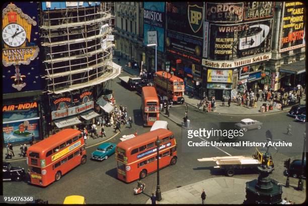 High Angle View of Piccadilly Circus and Street Scene, London, England, UK, 1960.