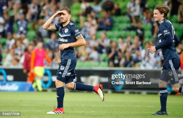 James Troisi of the Victory celebrates after scoring the Victorys first goal during the round 20 A-League match between the Melbourne Victory and the...