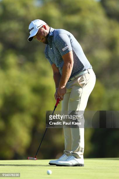 Zander Lombard of South Africa watches his putt on 14th green during day two of the World Super 6 at Lake Karrinyup Country Club on February 9, 2018...