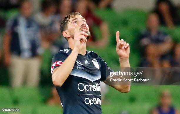 James Troisi of the Victory celebrates after scoring the Victorys first goal during the round 20 A-League match between the Melbourne Victory and the...