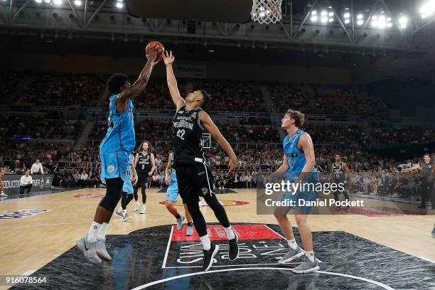 Rakeem Christmas of the Breakers rebounds the ball during the round 18 NBL match between Melbourne United and the New Zealand Breakers at Hisense...