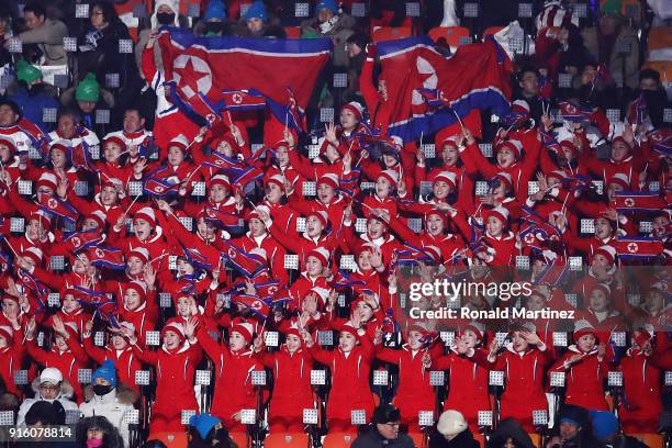 North Korean cheerleaders sing and wave prior to the Opening Ceremony of the PyeongChang 2018 Winter Olympic Games at PyeongChang Olympic Stadium on...