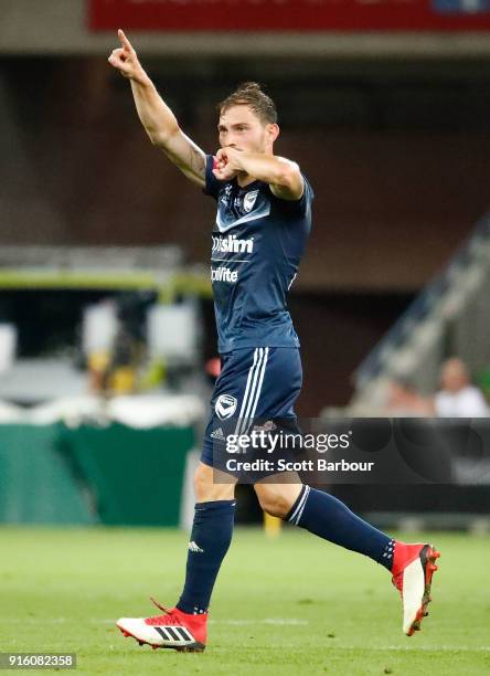 James Troisi of the Victory celebrates after scoring the Victorys first goal during the round 20 A-League match between the Melbourne Victory and the...