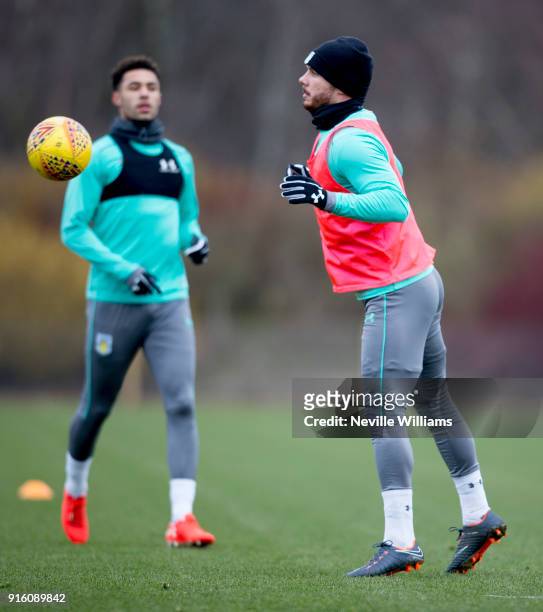Scott Hogan of Aston Villa in action during a Aston Villa training session at the club's training ground at Bodymoor Heath on February 06, 2018 in...