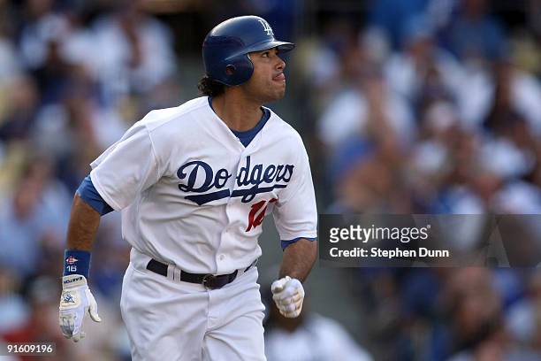 Andre Ethier of the Los Angeles Dodgers looks at the ball as he hits a solo home run to center in the fourth inning against the St. Louis Cardinals...