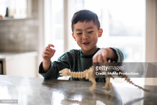 young boy playing with dinosaur model at home - boy toy stock pictures, royalty-free photos & images