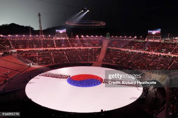 General view as performers present the South Korean flag during the Opening Ceremony of the PyeongChang 2018 Winter Olympic Games at PyeongChang...