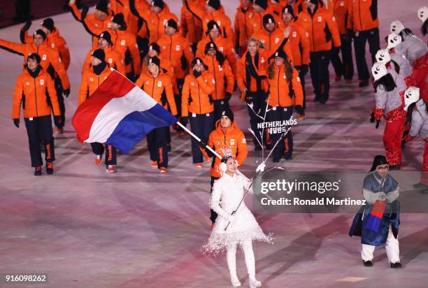 Flag bearer Jan Smeekens of the Netherlands leads the team during the Opening Ceremony of the PyeongChang 2018 Winter Olympic Games at PyeongChang...