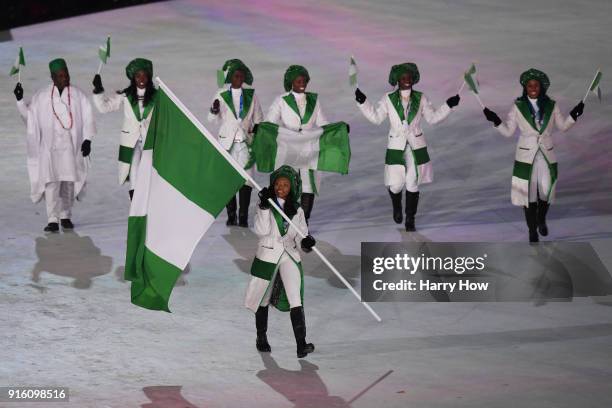 Flag bearer Ngozi Onwumere of Nigeria leads out her country during the Opening Ceremony of the PyeongChang 2018 Winter Olympic Games at PyeongChang...