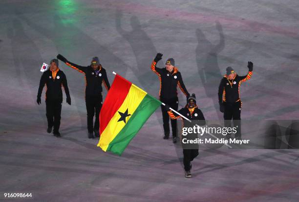 Flag bearer Akwasi Frimpong of Ghana leads the team during the Opening Ceremony of the PyeongChang 2018 Winter Olympic Games at PyeongChang Olympic...