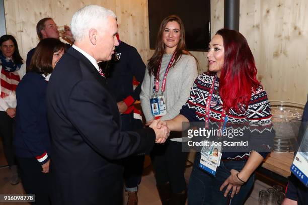 Vice President Mike Pence shakes hands with U.S. Olympian Katie Uhlaender at the USA House at the PyeongChang 2018 Winter Olympic Games on February...