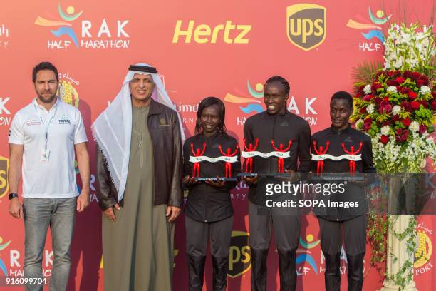 His Highness Sheikh Saud Bin Saqr Al Qasimi and CEO of RAK Tourism, Haitham Mattar hands over the trophies to the winner, Fancy Chemutai , second...