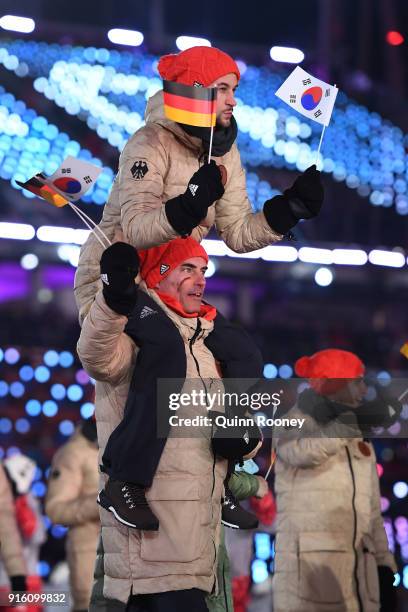 German athletes emerge during the Opening Ceremony of the PyeongChang 2018 Winter Olympic Games at PyeongChang Olympic Stadium on February 9, 2018 in...