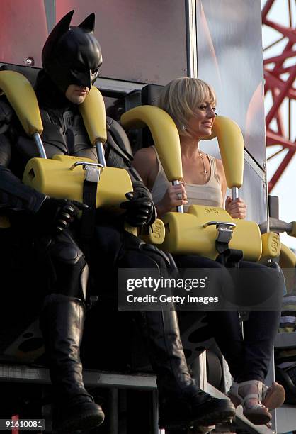 Personality Shelley Craft takes a ride on a rollercoaster during filming for an outdoor broadcast at Movie World theme park on October 5, 2009 in...