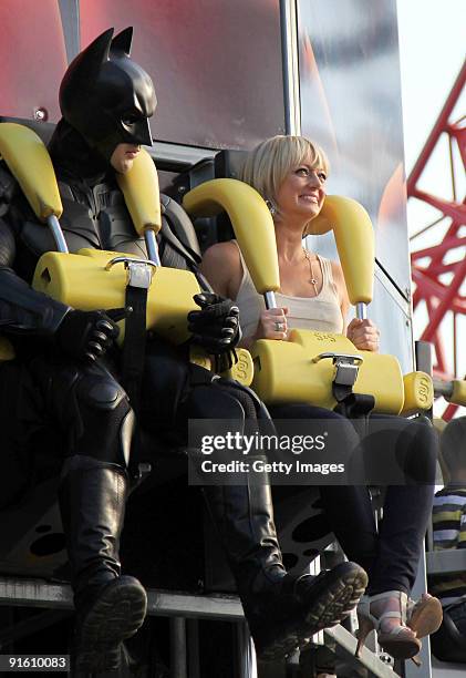 Personality Shelley Craft takes a ride on a rollercoaster during filming for an outdoor broadcast at Movie World theme park on October 5, 2009 in...