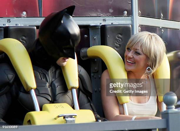 Personality Shelley Craft takes a ride on a rollercoaster during filming for an outdoor broadcast at Movie World theme park on October 5, 2009 in...