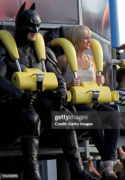 Personality Shelley Craft takes a ride on a rollercoaster during filming for an outdoor broadcast at Movie World theme park on October 5, 2009 in...