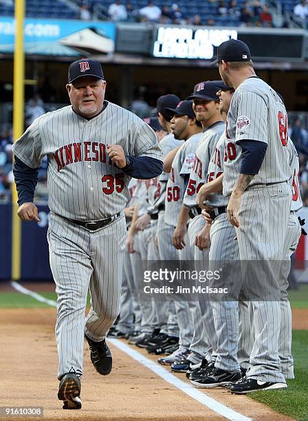 Manager Ron Gardenhire of the Minnesota Twins is introduced before Game One of the ALDS against the New York Yankees during the 2009 MLB Playoffs at...