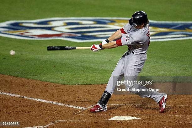 Colby Rasmus of the St. Louis Cardinals swings against the Los Angeles Dodgers in Game One of the NLDS during the 2009 MLB Playoffs at Dodger Stadium...